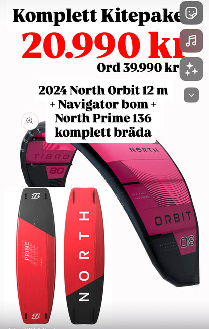 Komplett kitepaket North Orbit 12 m2 kite 2024